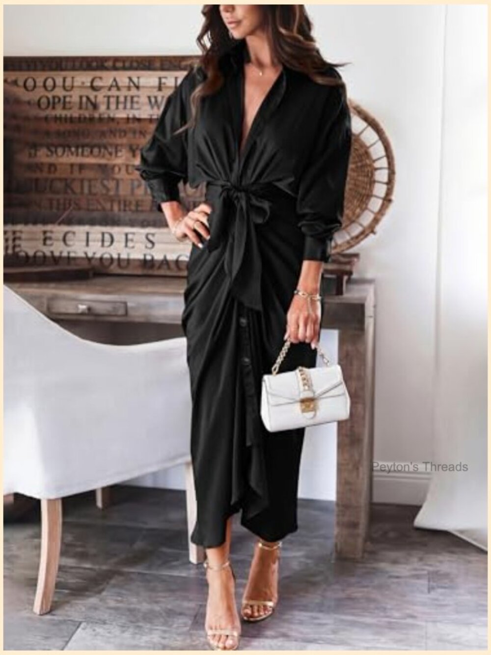 Long Sleeve V Neck Button Down Belted Ruched Satin Maxi Shirt Dress - Picture 4 of 7